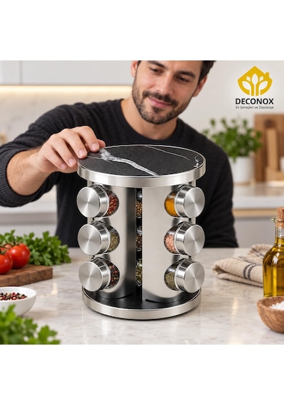 Metal Döner Standlı 12'li Cam Baharatlık Seti, Kapaklı Baharat Kavanozları, 22 Cm Yükseklik, 19 Cm Çap, Ahşap Renkli Diğer