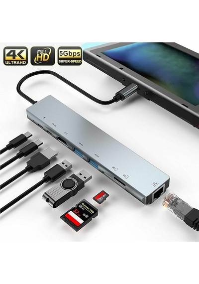 Apple Uyumlu MacBook 8In1 4K Type C Usb 3.0 Hub Hdmı Rj45 Sdtf Adaptörü