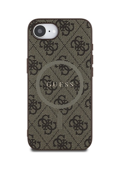 Apple Uyumlu iPhone 16e Kılıf Guess Lisanslı M-safe Pu Halkalı 4g Desenli Yazı Logolu Kapak Kahve