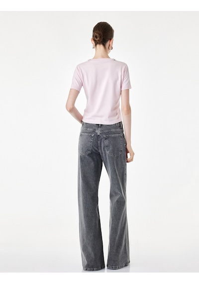Koton Regular Fit Boncuklu Bisiklet Yaka Kısa Kollu Viskon Triko Kazak Pembe 7wak90135ht Gülkurusu