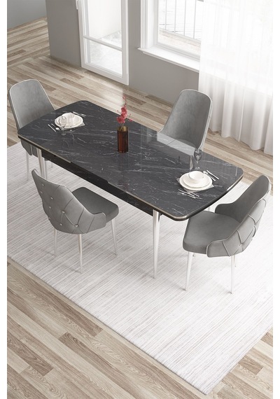 Canisa Tia Serisi, Siyah Mermer Desen 80x132 Açılabilir Mdf Yemek Odası Takımı 4 Gri Sandalye Gümüş Detay Masa Siyah Mermer Desen Sandalye Gri Canisa Tia Serisi, Siyah Mermer Desen 80x132 Açılabilir Mdf Yemek Odası Takımı 4 Gri Sandalye Gümüş Detay Masa Siyah Mermer Desen Sandalye Gri