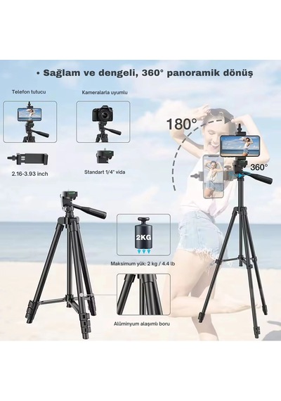Shopytech 102 Cm Hafif Tripod Telefon/kamera Uyumlu Bluetooth Uzaktan Deklanşörlü 360 3-yönlü Ka 1 Adet