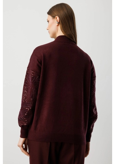 On Fashion Kadın Sıfır Yaka Önü Taşlı Bordo Triko Kazak 60323 Bordo