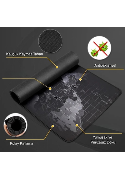 Lexroo Dünya Haritası Mouse Pad 60x30 Cm, Gaming Masa Pedi 3 Mm, Kaymaz Kauçuk Tabanlı Desk Mat Standart