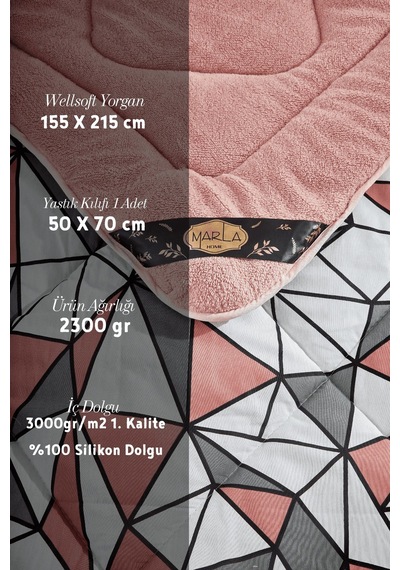 Geometrik Desenli Tek Kişilik Çift Taraflı Wellsoft Yorgan Seti - Pembe - 155x215