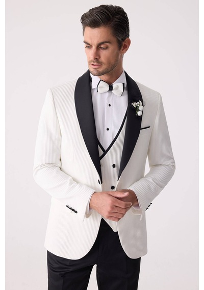 Ysf Erkek Krem Slim Fit Şal Yaka Damatlık