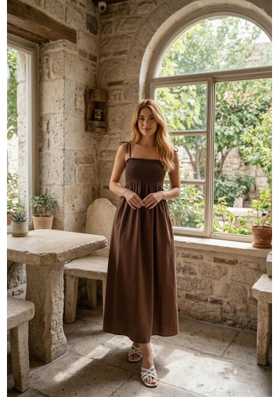 Pastelastore Uzun Pamuklu Astarsız Yaz Elbisesi Askılı Kahverengi