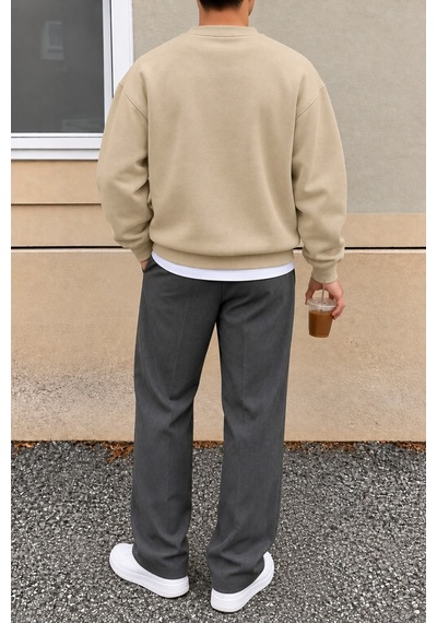 Cool Tarz Erkek 3 İplik Şardonlu Regular Fit Bisiklet Yaka Basic Sweatshirt Bej Bej