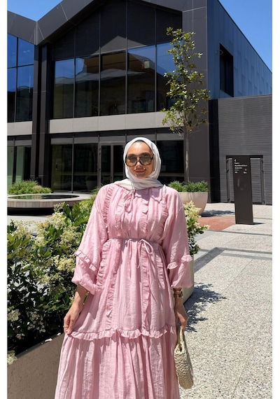 Riella Butik Perilla Fırfır Detaylı Tesettür Elbise Pembe