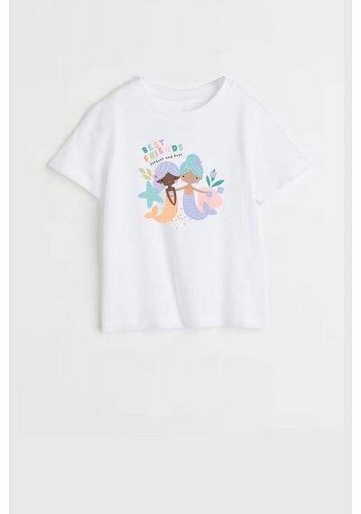 Monila Kız Çocuk Pamuklu Bisiklet Yaka Deniz Kızı Baskılı T-shirt Ekru