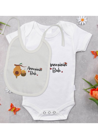 Bitmeyenkartus Bk Kids Annesinin Balı Tasarımlı Bebek Body Zıbın Ve Mama Önlüğü Çok Renkli