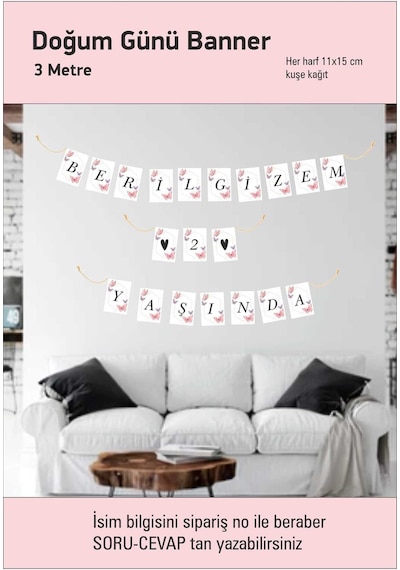 Kelebek Desen İsme Özel Doğum Günü 1 Yaş Banner 3 Mt Demonte +0