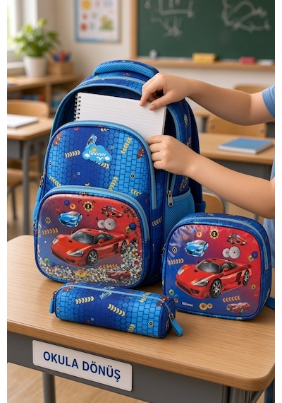Kırmızı Araba İlkokul Çantası Beslenme Çantası Kalemlik Kabartmalı 3'lü Set 40 X 28 X 15 Cm Çok Renkli