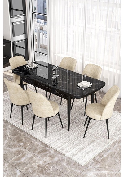 Canisa Concept Kor Serisi, 70x114 Açılabilir Yemek Masası Takımı, Siyah Mermer Desen Masa Ve 6 Krem Sandalye Masa Siyah Mermer Sandalyeler Krem Canisa Concept Kor Serisi, 70x114 Açılabilir Yemek Masası Takımı, Siyah Mermer Desen Masa Ve 6 Krem Sandalye Masa Siyah Mermer Sandalyeler Krem
