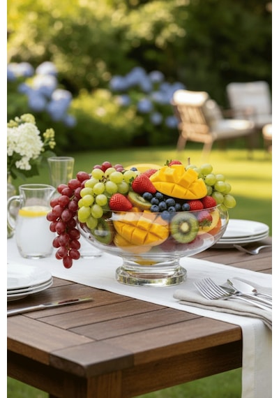 El Yapımı Sade Cam Ayaklı Sunum Kasesi - Salata Kasesi Sunumluk 13x20 Cm Şeffaf