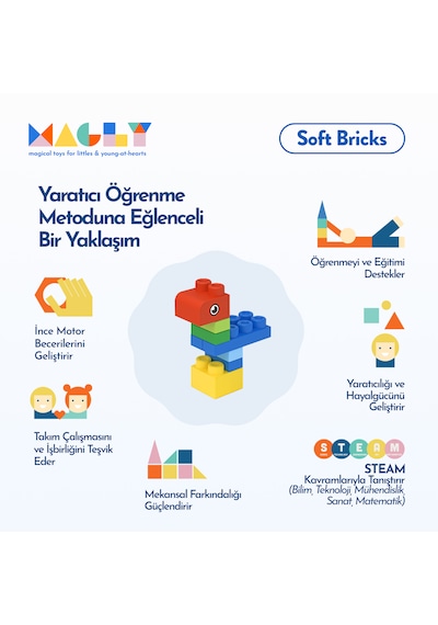 Magly Soft Bricks Yumuşak Yapı Blokları - Çocuklar İçin Renkli Esnek 42 Parça Yapı Blok Seti