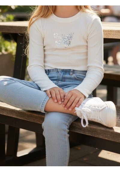 Zekids Kız Çocuk Boncuklu Kelebek İşlemeli Fitilli Uzun Kollu T-shirt-16380 Ekru
