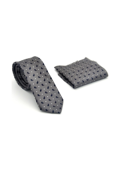 Gaffy Beyaz Lacivert Desenli Gri Dokuma Kumaş Mendilli Slim Fit Kravat // Sdk-2612-3 Gri