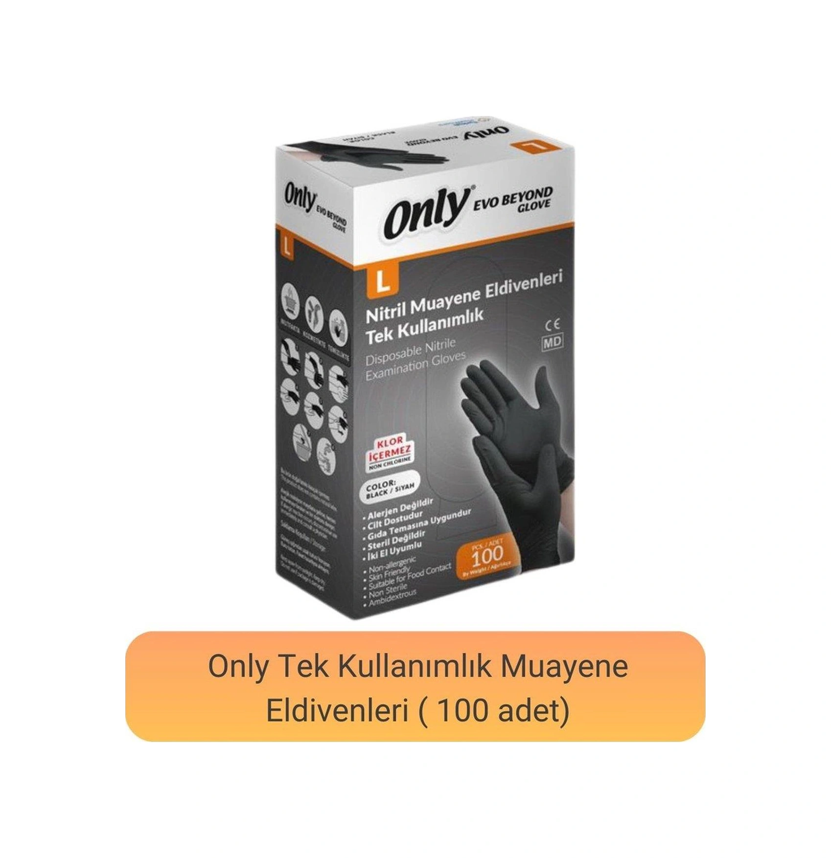 Only Evo Beyond Siyah Pudrasız Nitril Eldiven - Muayne İş Eldiveni - Large - 100'lü Paket