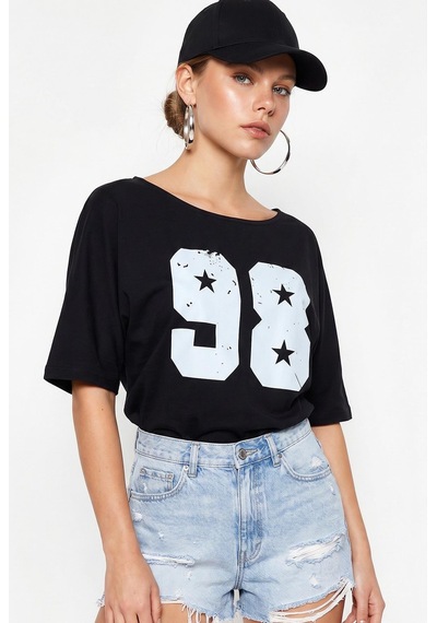 Shade Kadın Kayık Yaka Baskılı Oversize %100 Pamuk T-shirt Öt100005 60286270 - Siyah