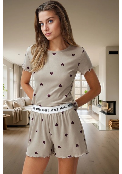 Ersefa Rahat Yazlık Pijama Takımı Kalpli Desen Örme Kumaş Lastikli Şort Mint