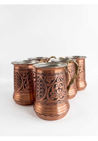 Aura Copper Bakır Bardak/kupa 400 Ml Kalaylı El İşlemeli Tekli/6'lı