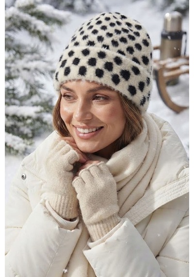 Ritagarcia Kadın Puantiyeli Yumoş Peluş Bere Yumuşak Dokulu Katlamalı Kışlık Kar Beresi Beyaz