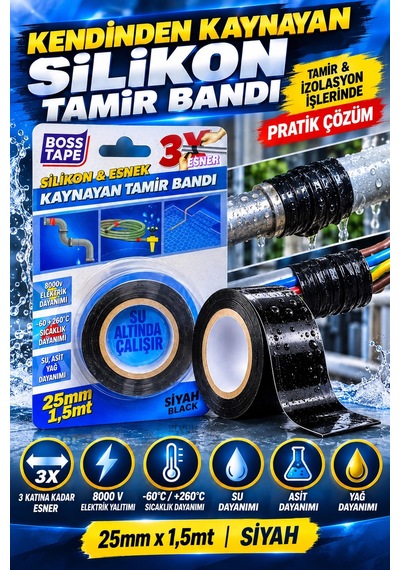 Kendinden Kaynayan Silikon Tamir Bandı Siyah 25 Mm 1,5 M 3 Kat Esnek, 8000 V Yalıtım