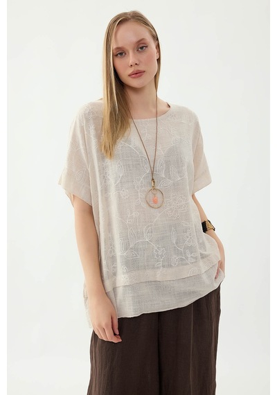 Vitrin %100 Keten Çiçekli Oversize Bluz Bej