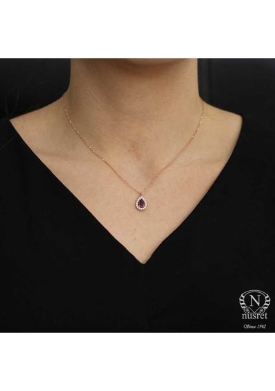 925 Ayar Gümüş Ametist Taşlı Damla Kolye, Pembe - Beyaz Taş 59497455