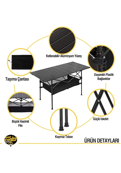 Funky Chaırs Family Xl Katlanabilir Alüminyum Kamp Masası - Siyah 117x55x50