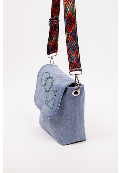 Fabric Craft Bag Kadın Omuz Çantası Kot Kumaş Nakışlı Renkli Desenli Askılı 23x20 Cm Açık Denim