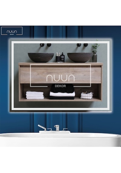Nuun Dekor 90x70cm Beyaz Ledli Kumlamalı Banyo Aynası Trafolu Beyaz