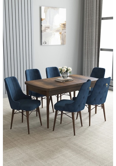 Zümra Serisi, Barok Ahşap Desen 80x132 Açılabilir Mdf Mutfak Masası Takımı 6 Adet Sandalye, Lacivert Zümra Serisi, Barok Ahşap Desen 80x132 Açılabilir Mdf Mutfak Masası Takımı 6 Adet Sandalye, Lacivert