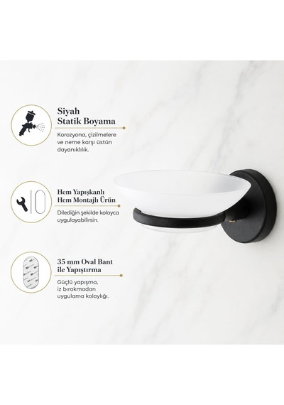 Alper Banyo Sabunluk Siyah, Duvar Tipi, Metal, Yapışkanlı Ve Vidalı Montaj, 35 Mm Oval Bantlı Banyo Aksesuarı Çok Renkli