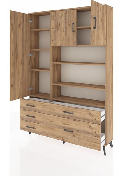 Arges Dolap 9 Raflı 5 Çekmeceli 3 Kapaklı 132x30x195 Çam-çam/çam Atlas Çam/atlas Çam