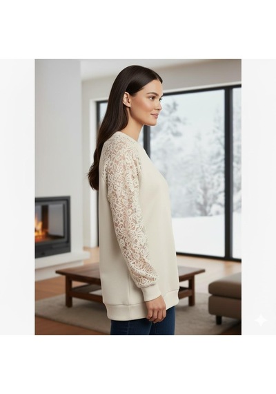 Afri Ekru Dantel Detaylı Sweatshirt Şık Ve Rahat Günlük Kadın Üst Yumuşak Kumaş Ekru
