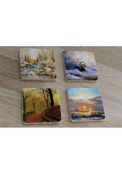 Deniz Ve Doğa Manzaraları Doğal Taş Bardak Altlığı 4'lü Set - Natural Stone Coasters - Taş Çok Renkli