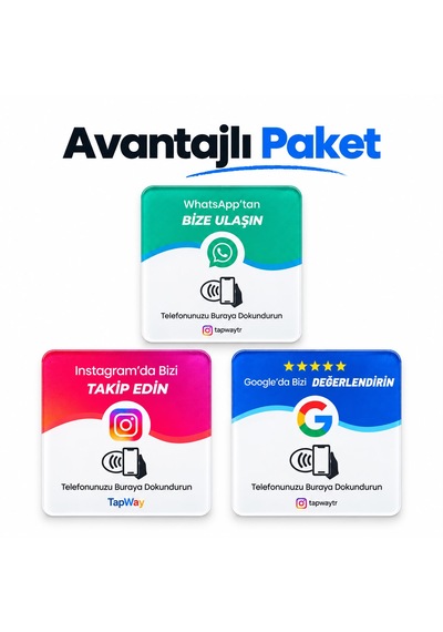 3 Lü Nfc Kart Avantajlı Paket 1 Instagram Takip + 1 Google Değerlendirme Kartı + 1 Wp Kartı 9x9 Cm Şeffaf Pleksi