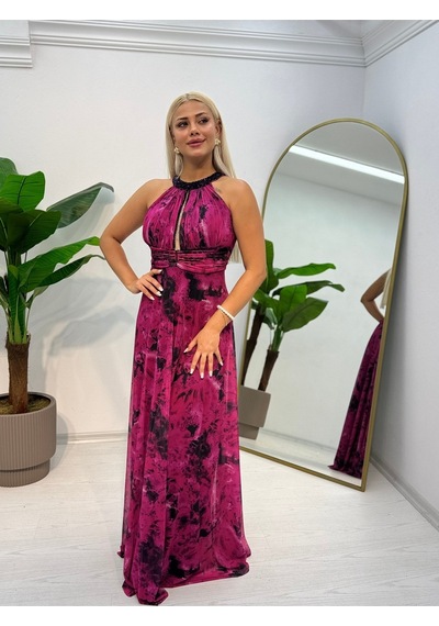 E&a Eren Abiye Stefani Yaka Şifon Kloş Elbise Pembe