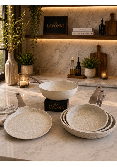 Terra Chef Set 5 Parça Döküm Granit Tava Seti 20-24-28 Cm Tava 28 Cm Wok Tava 26 Cm Krep Tava Cappuccino Yapışmaz Yüzey Kahverengi