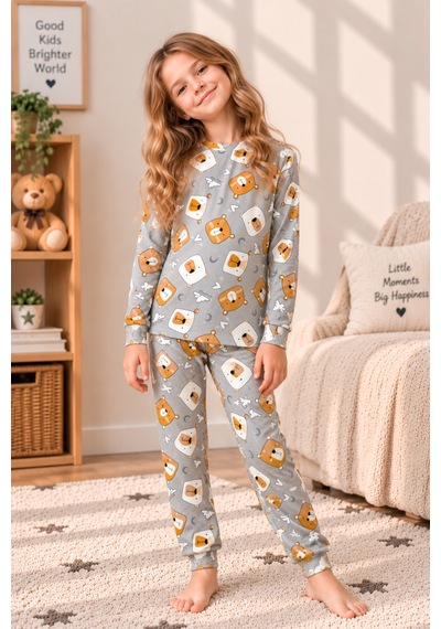Free Beka Sevimli Desenli Bisiklet Yaka %100 Pamuklu İnterlok Kumaş Kız Ve Erkek Çocuk Uzun Kollu Pijama Takımı Gri