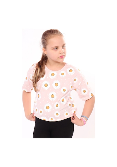 Toontoy Kids Kız Çocuk Baskılı Bisiklet Yaka Kısa Kollu Tişört - Beli Ayarlanabilir Pudra