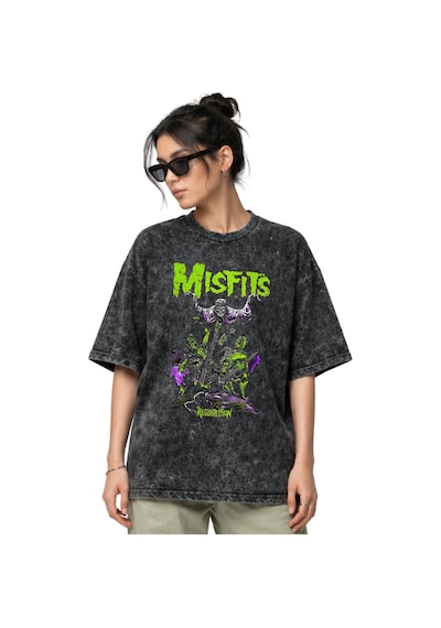 Misfits Rock Metal Müzik Grubu Ön Baskılı Unisex Oversize Eskitme Siyah