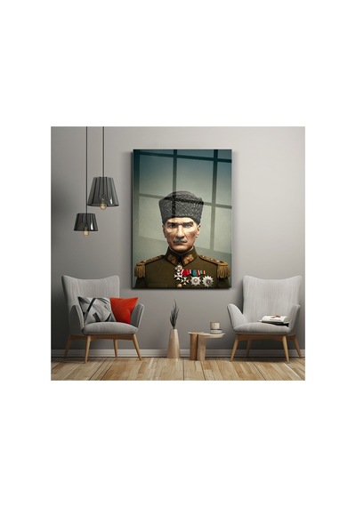 Atatürk Portre Cam Tablo Askeri Üniformalı Mustafa Kemal Atatürk Ev Ve Ofis Dekoru