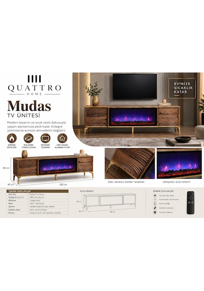 Mudas Elektrikli Şömineli Tv Ünitesi 180 Cm Ceviz Gold Modern Dalgalı Kapaklı Tv Sehpası