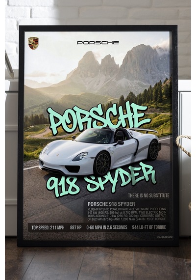 Porsche 918 Spyder Siyah Ahşap Çerçeveli Poster, Dekoratif Araba Duvar Tablosu
