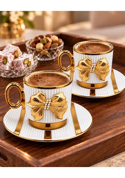 Valkyrie Petek Serisi 6 Kişilik 12 Parça Beyaz Gold Detaylı Türk Kahvesi Fincan Seti Porselen 90ml Beyaz Altın