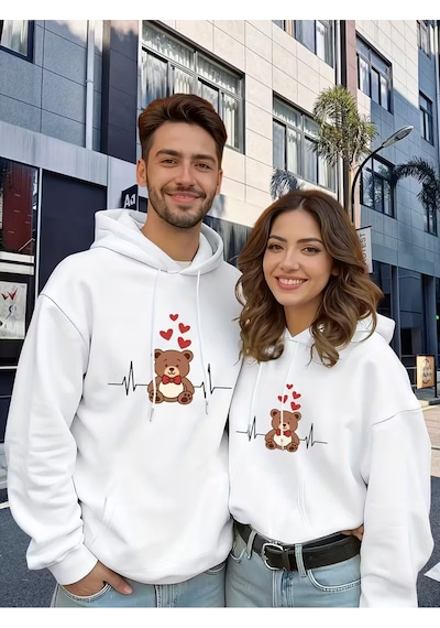 Nevermind Sevgili Çift Kombini Ayıcık Kalpli Hoodie Kapüşonlu Sweatshirt 2l Beyaz