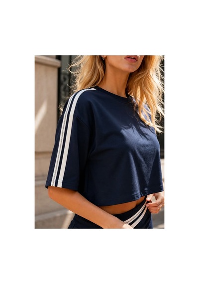 Lacivert Şerit Detaylı Crop Bluz Ve Kalem Midi Etek Takımı - 2384 M